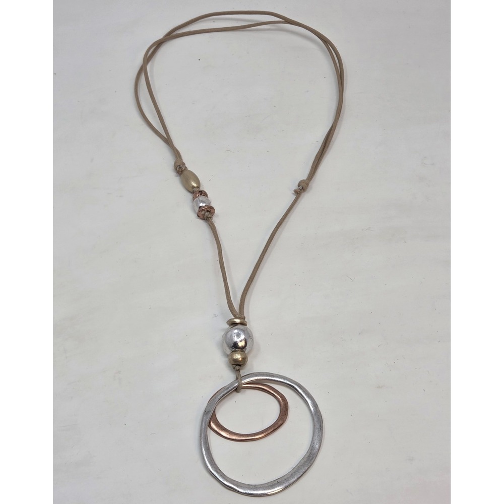 J. Jill Bead Necklace Mixed Silver, Copper Gold Tone Circles Adjustable Cord